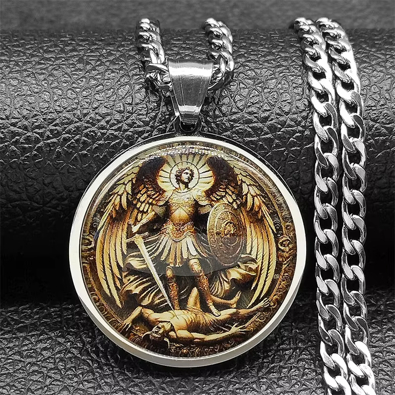 SAINT MICHAEL PROTECT US archange acier inoxydable rond verre médaille pendentif collier pour femmes