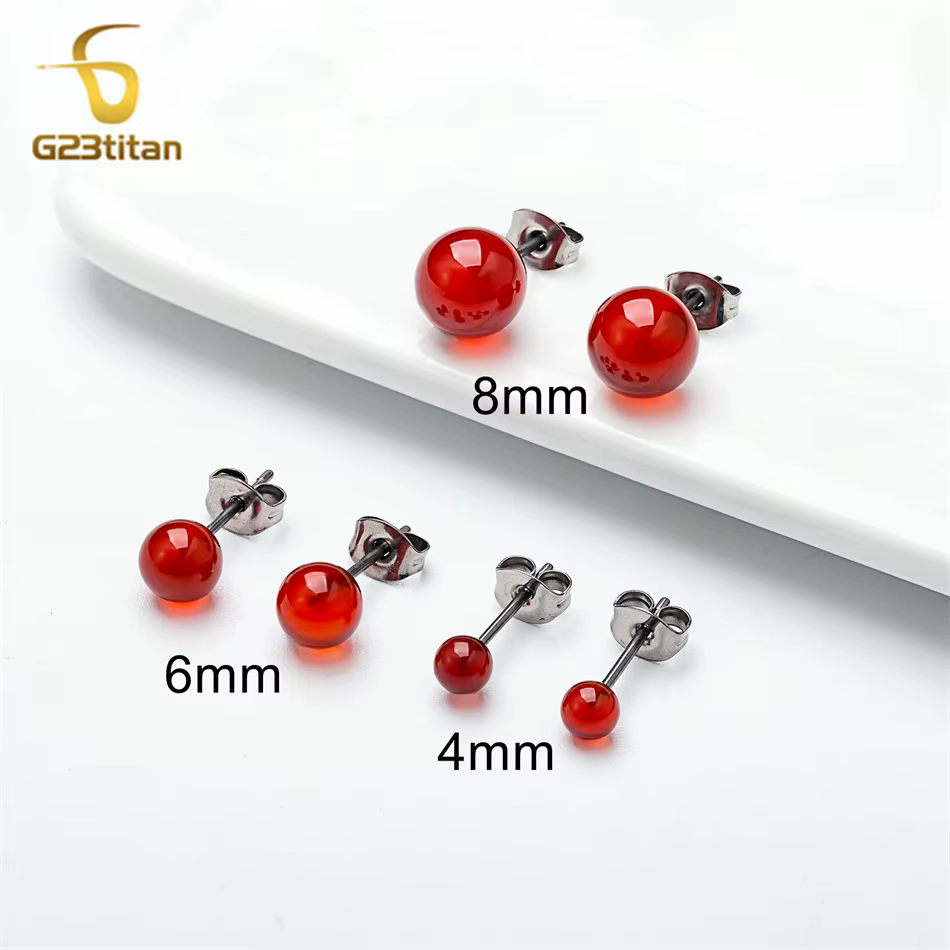 Charmantes boucles d'oreilles en pierre de cornaline rouge pour femmes, clous d'oreille en titane mé