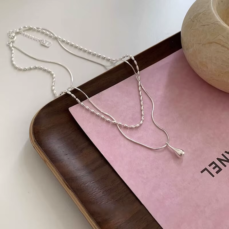 Collier avec pendentif goutte en argent Sterling 925 pour femmes, Design Simple, Double chaîne, bijo