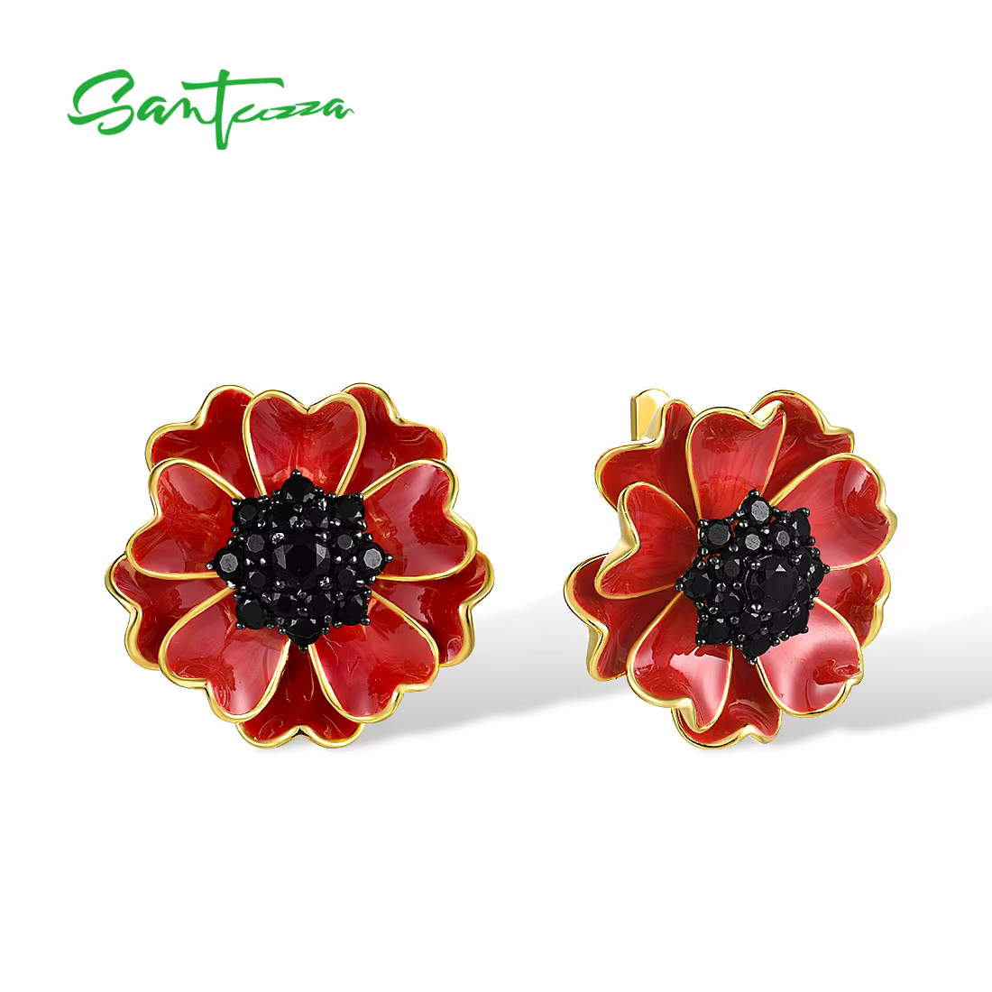 SANTUZZA-Boucles d'oreilles en argent regardé 925 pour femme, spinelle noire, fleur d'émail rouge, f