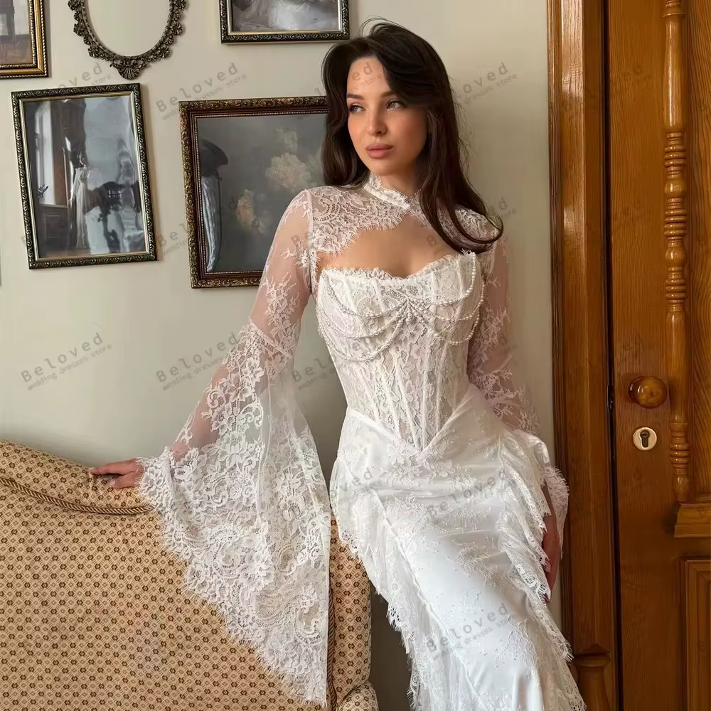 Robes de mariée glamour style bohème, robes de mariée en dentelle à volants, avec veste détachable, 