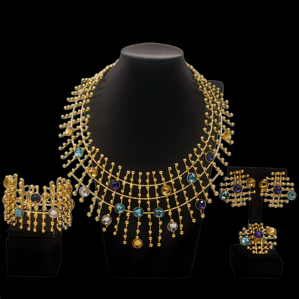 Ensemble de bijoux pour femmes plaqué or 24 carats, collier, boucles d'oreilles, bracelet, bague, pi