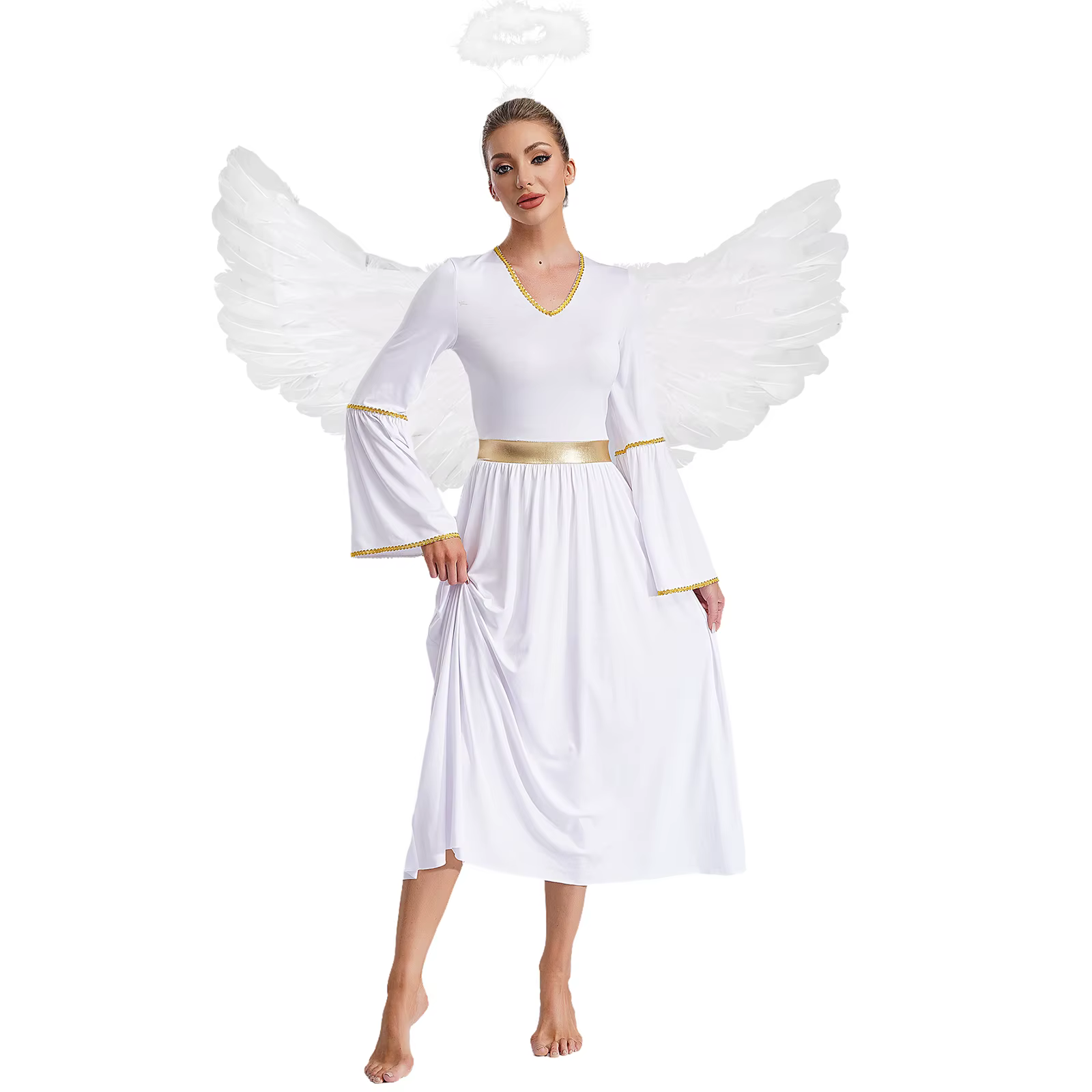 Costume d'ange 3 pièces pour femmes, robe tunique à garniture dorée avec ailes d'ange en plumes et c