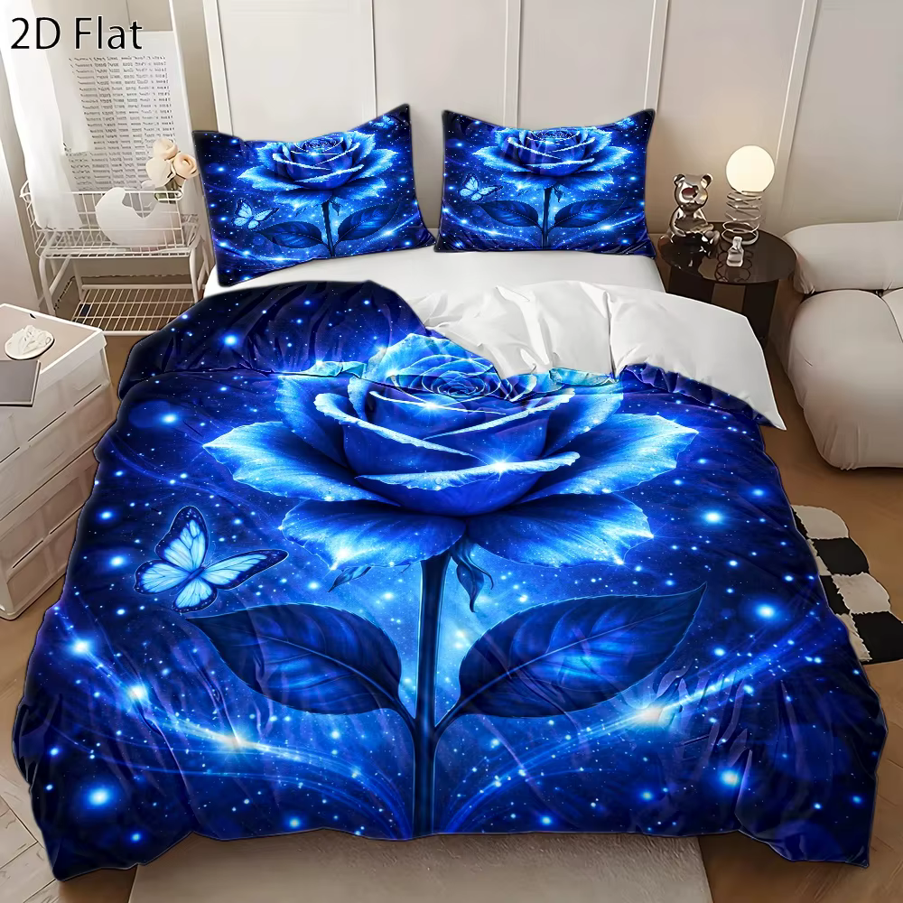 Ensemble de housse de couette 3 pièces motif rose bleue rêveuse et ciel étoilé, 1 housse de couette 