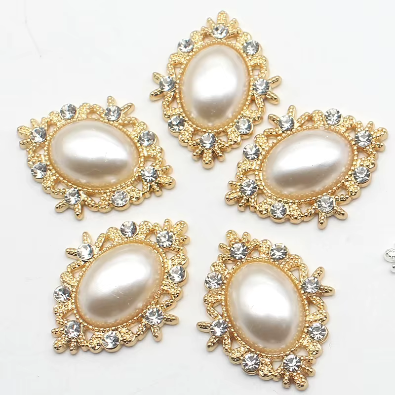 10 pièces 33*25mm ovale perle alliage diamant bouton bijoux épingle à cheveux robe de mariage décora