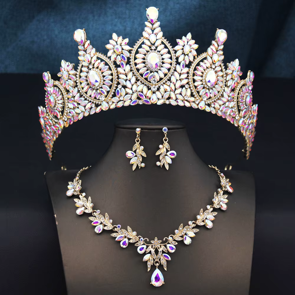Parures de bijoux de mariée Royal Queen : Grandes couronnes, diadèmes et colliers avec boucles d'ore