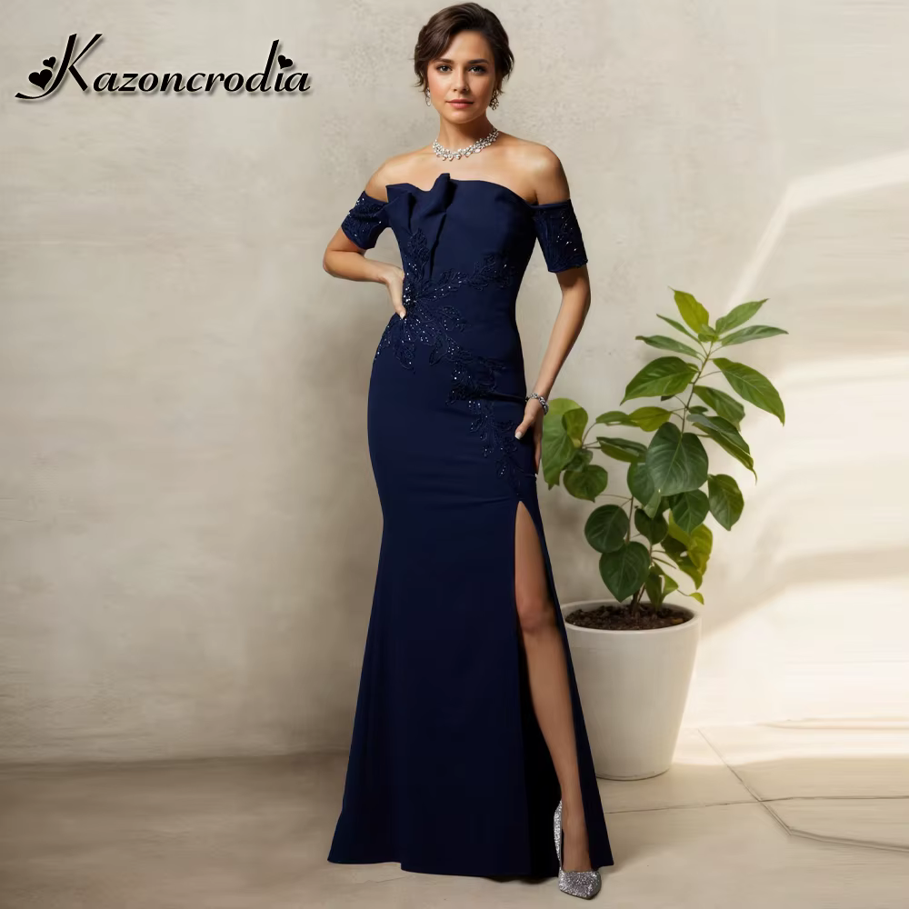 Robe de mère de marié Kazon Glamour avec fente, en satin, coupe sirène, plissée, avec appliques en d