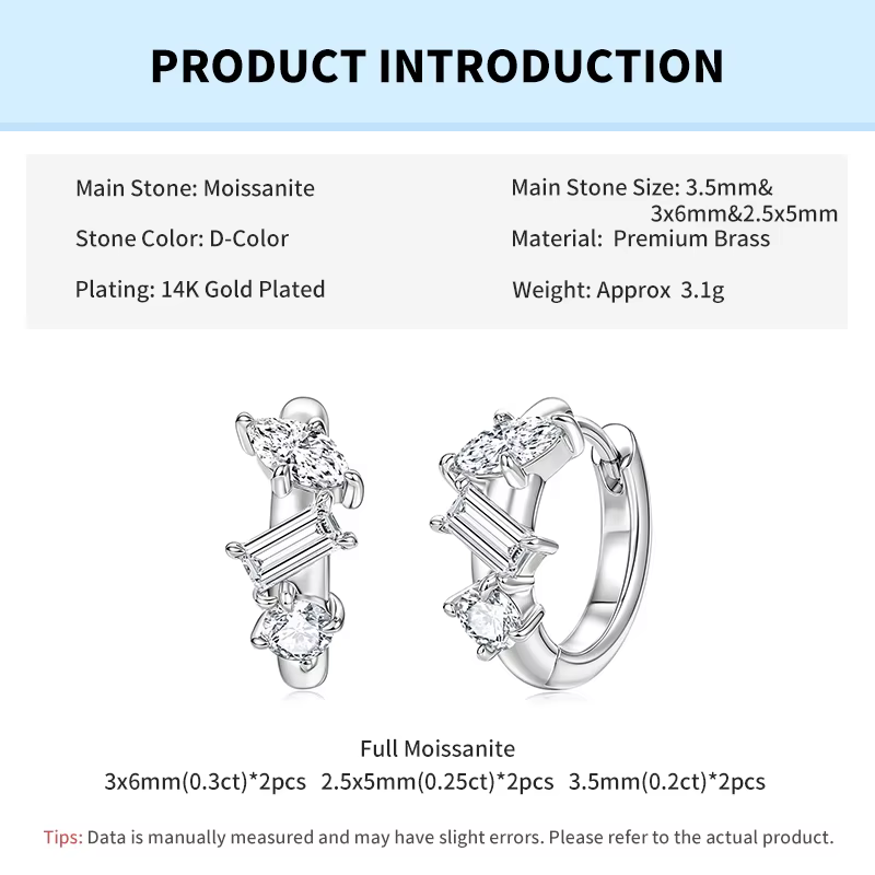 Rrjzz Boucles d'oreilles créoles à trois pierres en moissanite (couleurs D, pureté VVS1) avec coupes