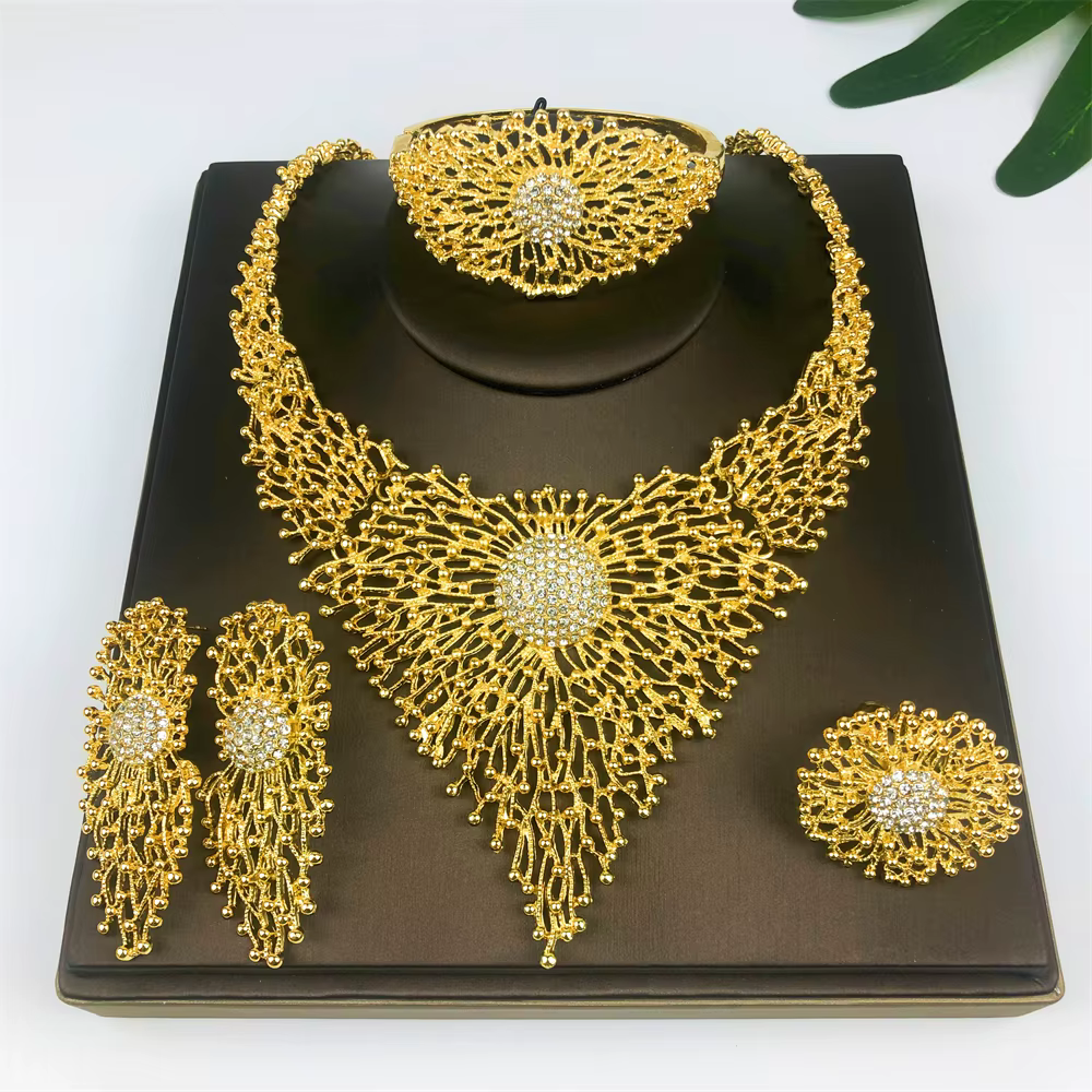 Ensembles de bijoux plaqués or 18 carats pour femmes, collier design de luxe, boucles d'oreilles, br