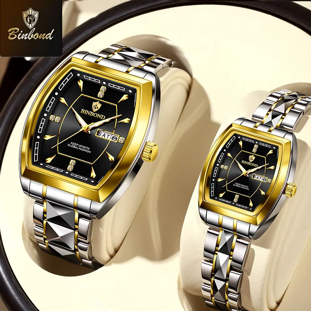 BINBOND 2 pièces/ensemble carré Couple pour montre de mode en acier inoxydable hommes dames montre à