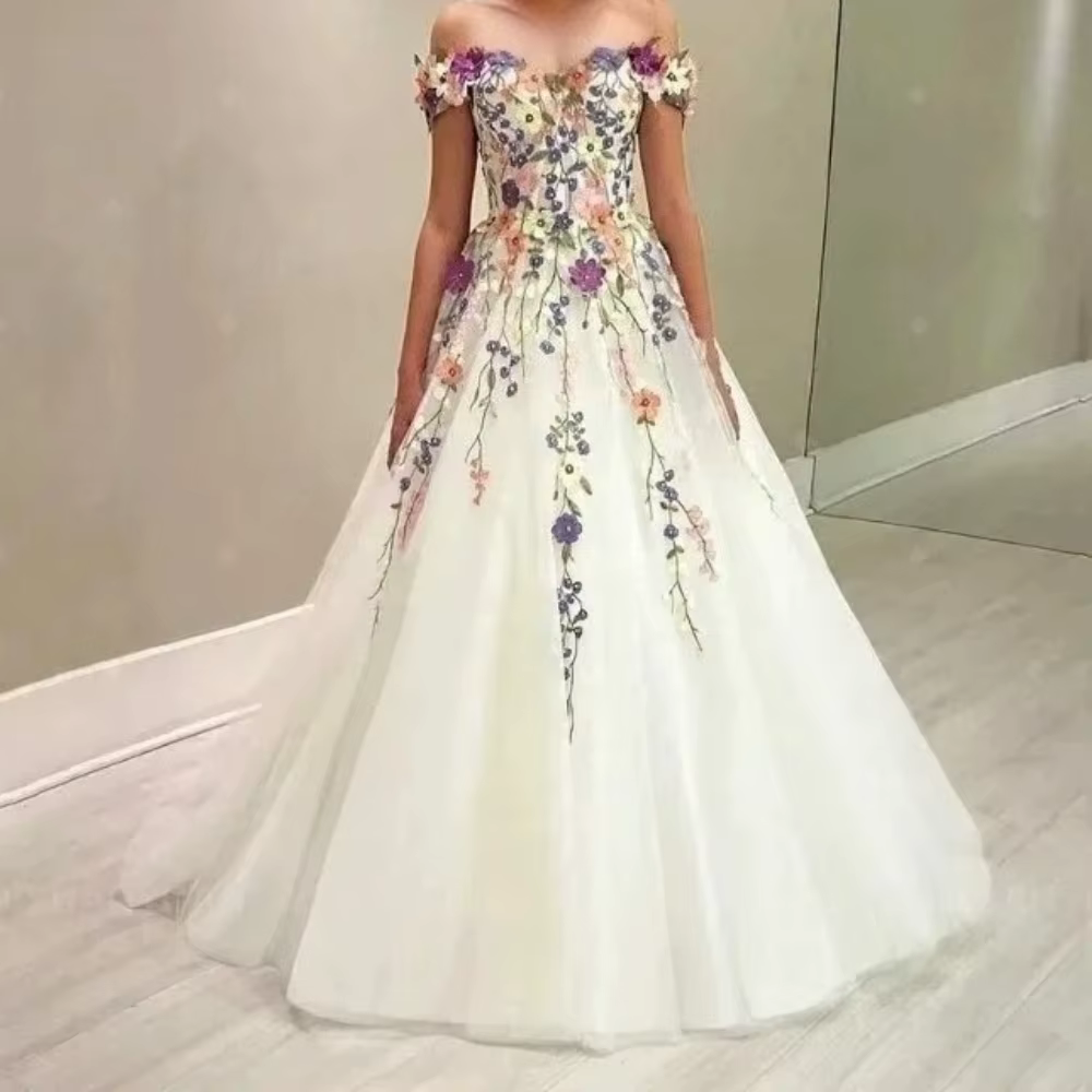 Robe De mariée en dentelle à fleurs, épaules dénudées, robe De soirée blanche, Corset au dos, robe D