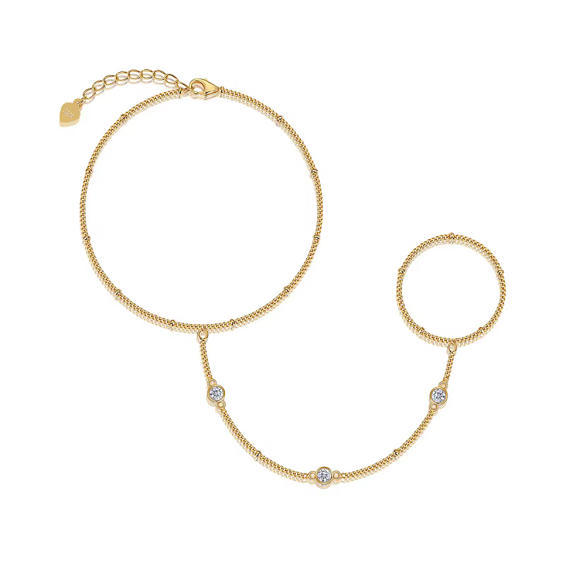 Bracelet Chaîne de Main en Argent Sterling S925 Plaqué Or avec Moissanite JIUZUAN, Bijou Ajustable p
