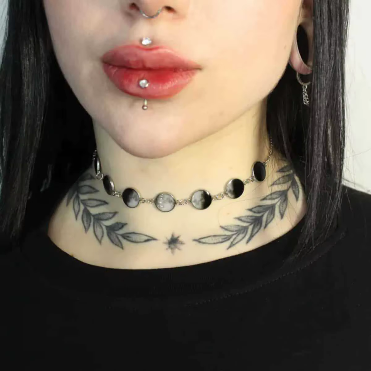 Collier ras du cou Gothique Y2K Phases de Lune, ton argenté, cycle lunaire, céleste, pour femme, sty