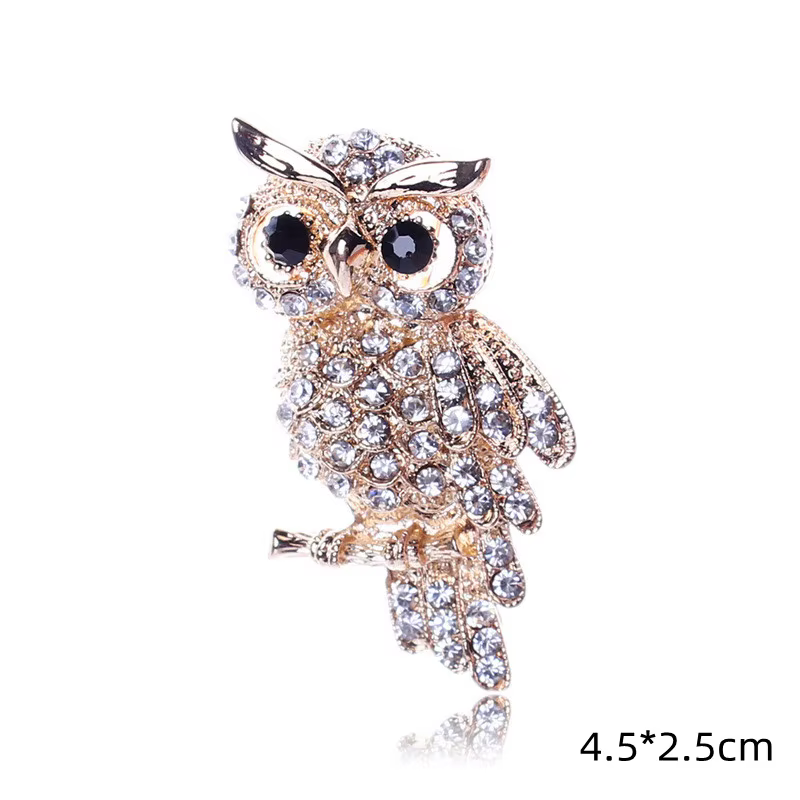 Broches délicates en forme de hibou avec yeux en cristal, en alliage de zinc coréen, imitation stras