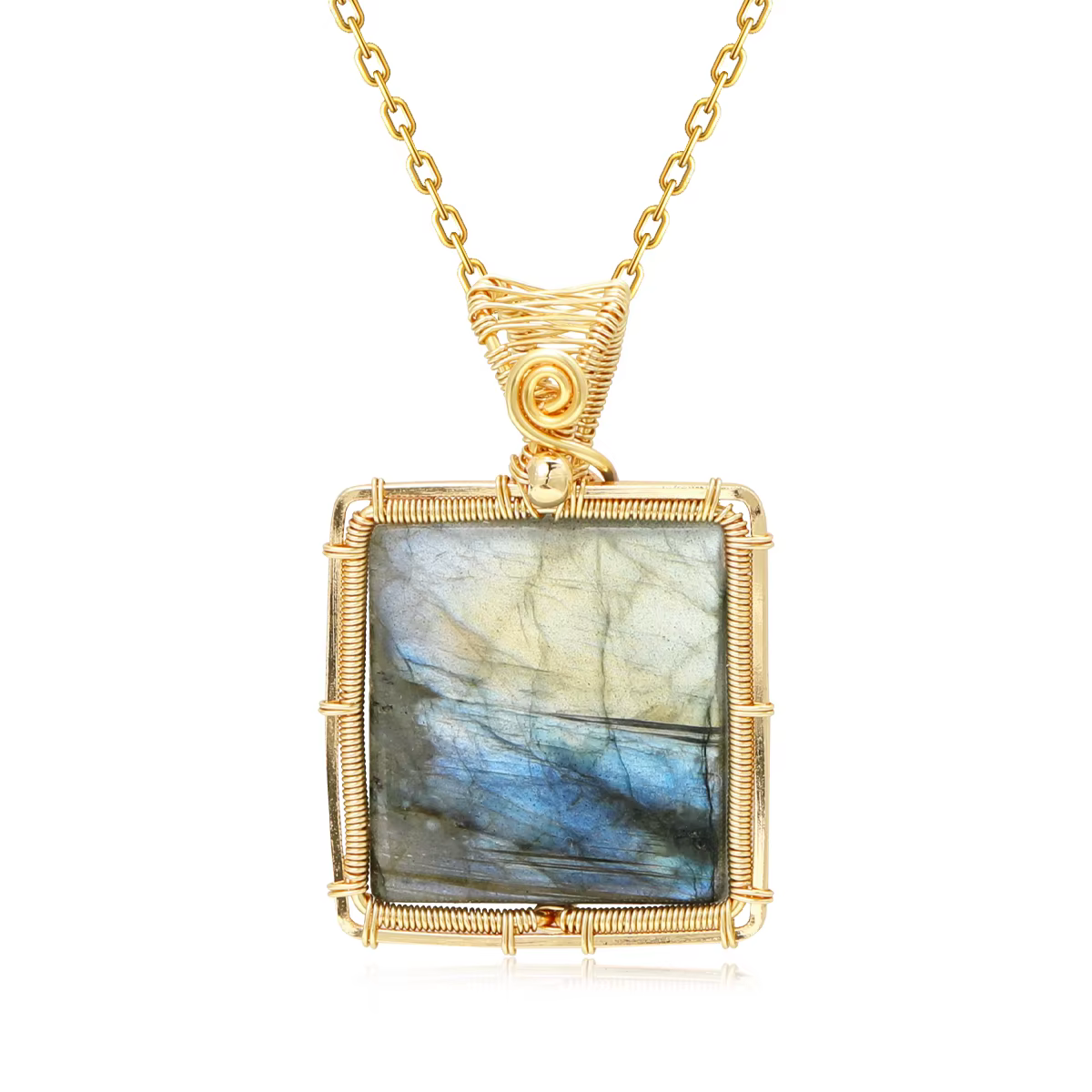 Collier en Labrumen Naturel pour Femme, Baguette Carrée, Pendentif en Pierre Précieuse, Fil de Cuivr