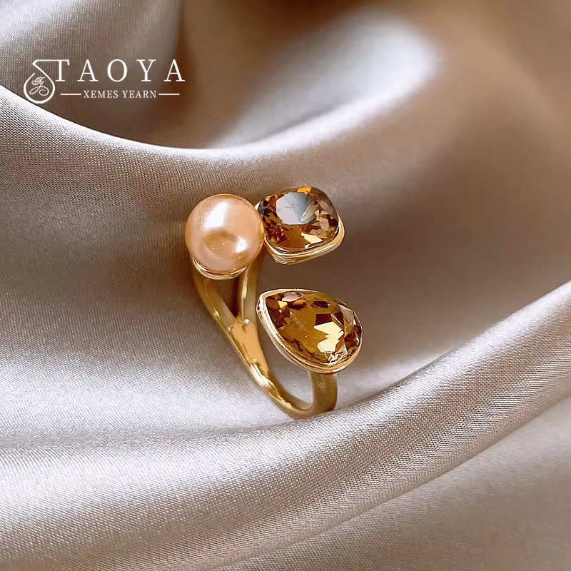 Bagues ouvertes en métal avec perles de Champagne et cristal géométrique de luxe, bijoux à la mode p