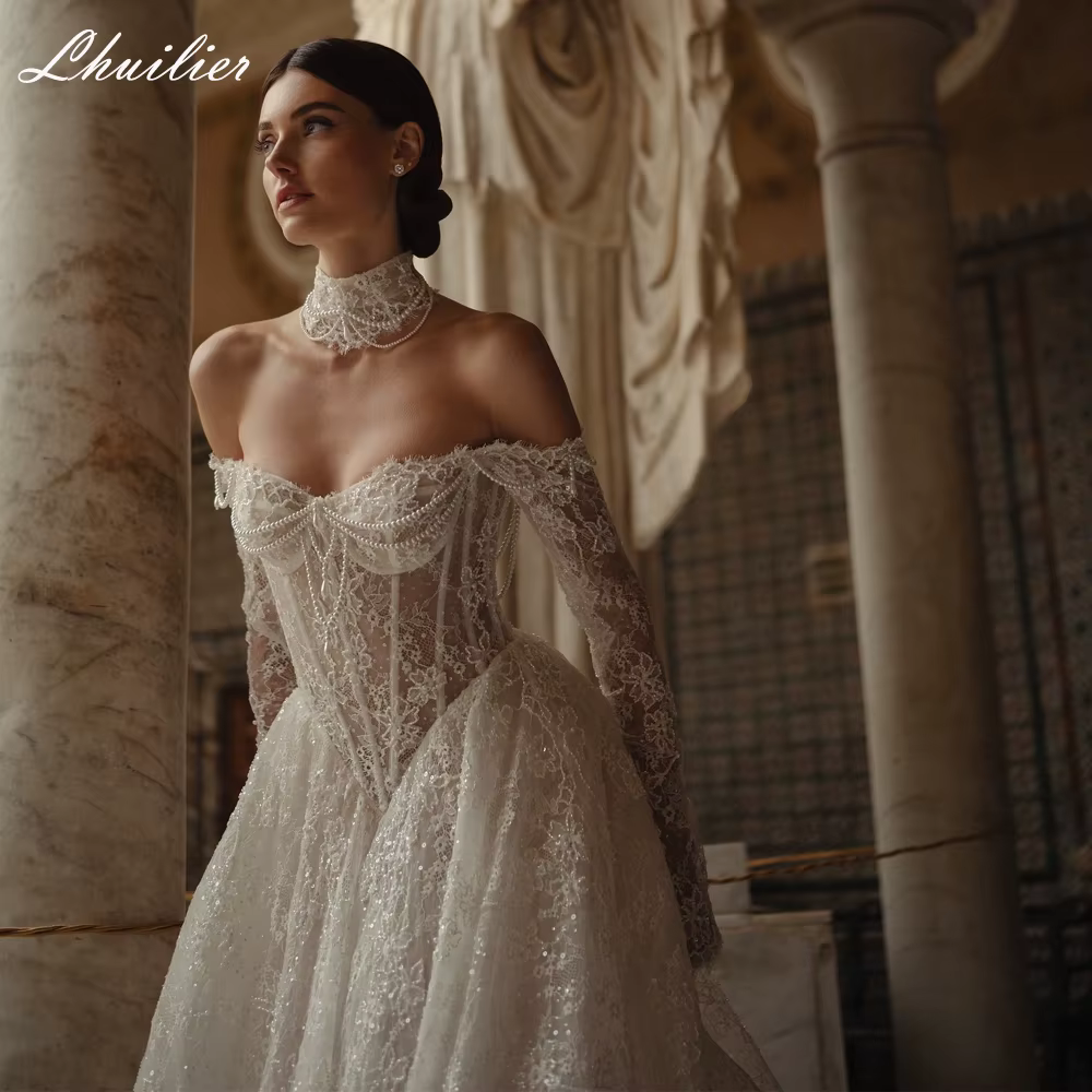 Lhuilier personnalisé une ligne Illusion dentelle robes de mariée hors de l'épaule perlée robes de m
