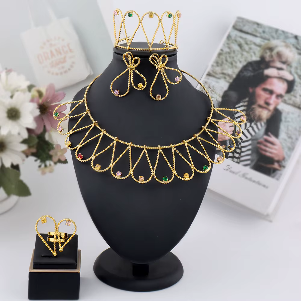 Ensemble de bijoux plaqués or pour femmes, haute qualité, lignes simples, boucles d'oreilles, bague,