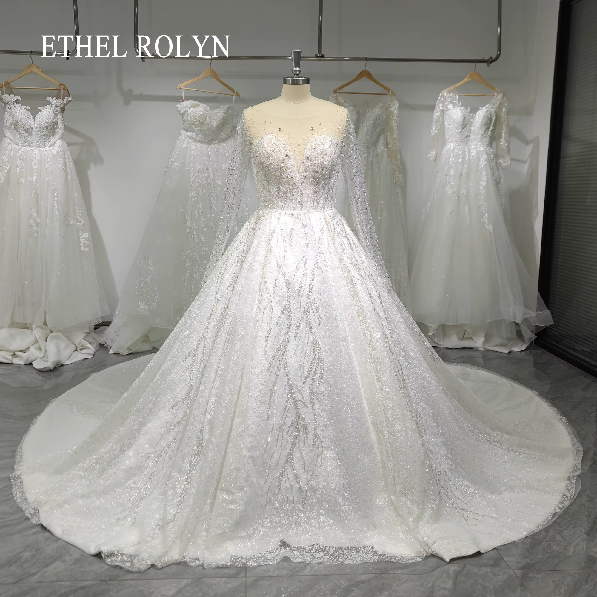 Robe de mariée de luxe royale ETHEL ROLYN avec photos réelles, paillettes étincelantes, perles et tr