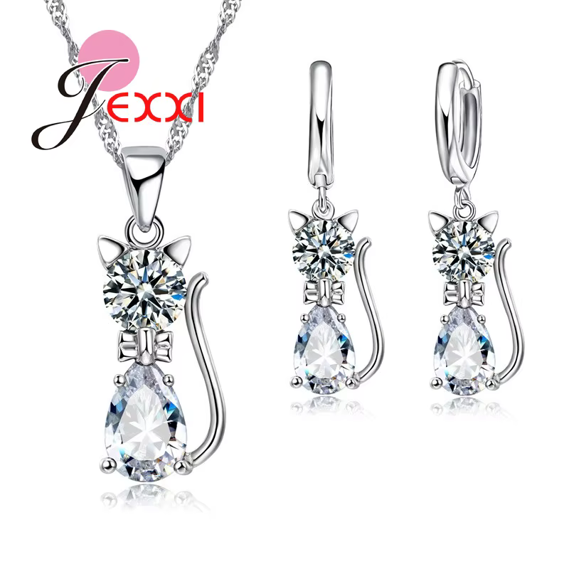 Ensembles de bijoux en argent pour femmes, livraison rapide, fiançailles romantiques, chat mignon, c