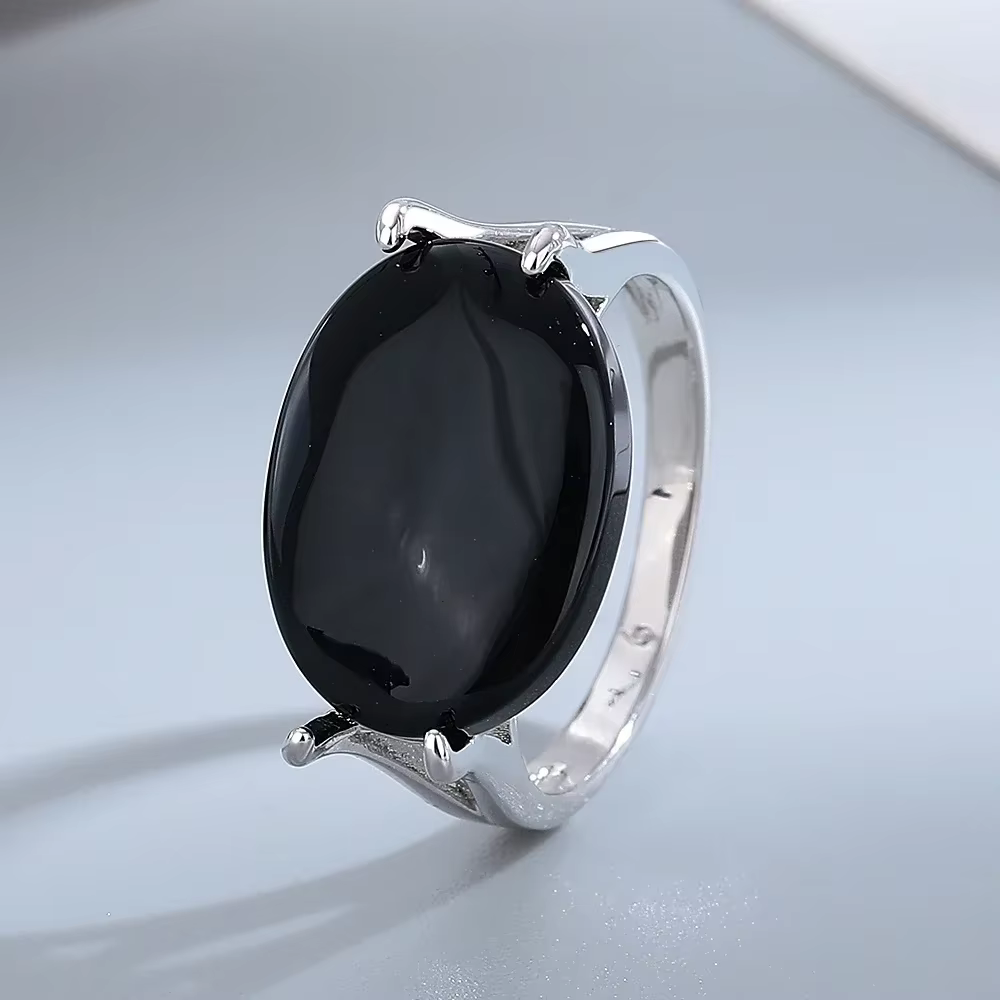 Bague en argent 925 avec onyx noir naturel, grande pierre ovale 13*18MM, style vintage, bijoux pour 