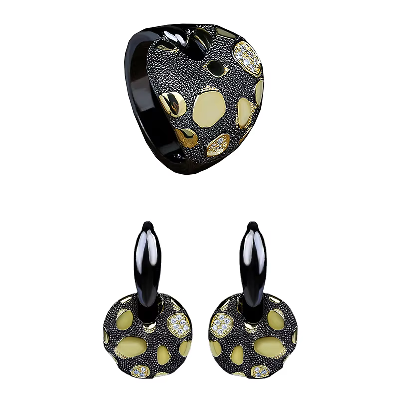 Ensemble de bijoux en or noir pour femmes, boucles d'oreilles à motif creux irrégulier, bague faite 