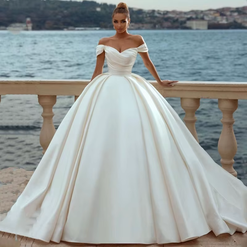 Robes De mariée blanches élégantes, épaules dénudées, traîne De balayage, dos à lacets, robe De soir
