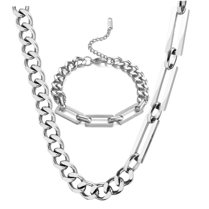 SION L-Ensemble de bijoux en acier inoxydable pour hommes et femmes, bracelet, collier, métal, rapIn