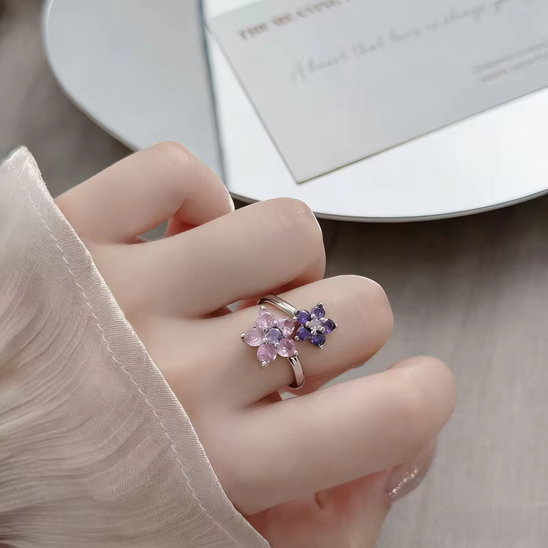 Bague double fleur rose en zircon pour femme, luxueuse et brillante, avec CZ, idéale pour mariage ou