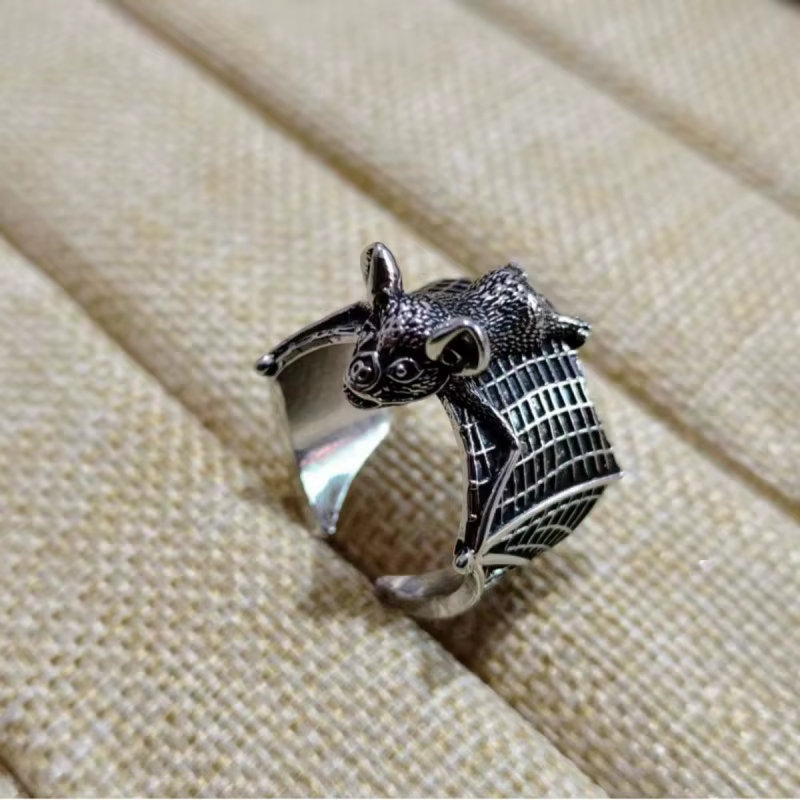 Bague ouverte élégante en argent sterling 925 pour homme, motif chauve-souris, style punk rock, bijo