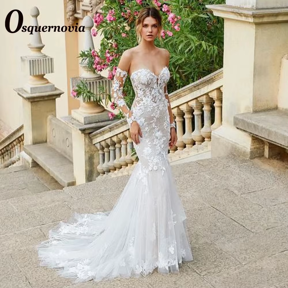 OsTim Novia-Robes de mariée sirène personnalisées, appliques en dentelle chérie, poignées dos nu, ma