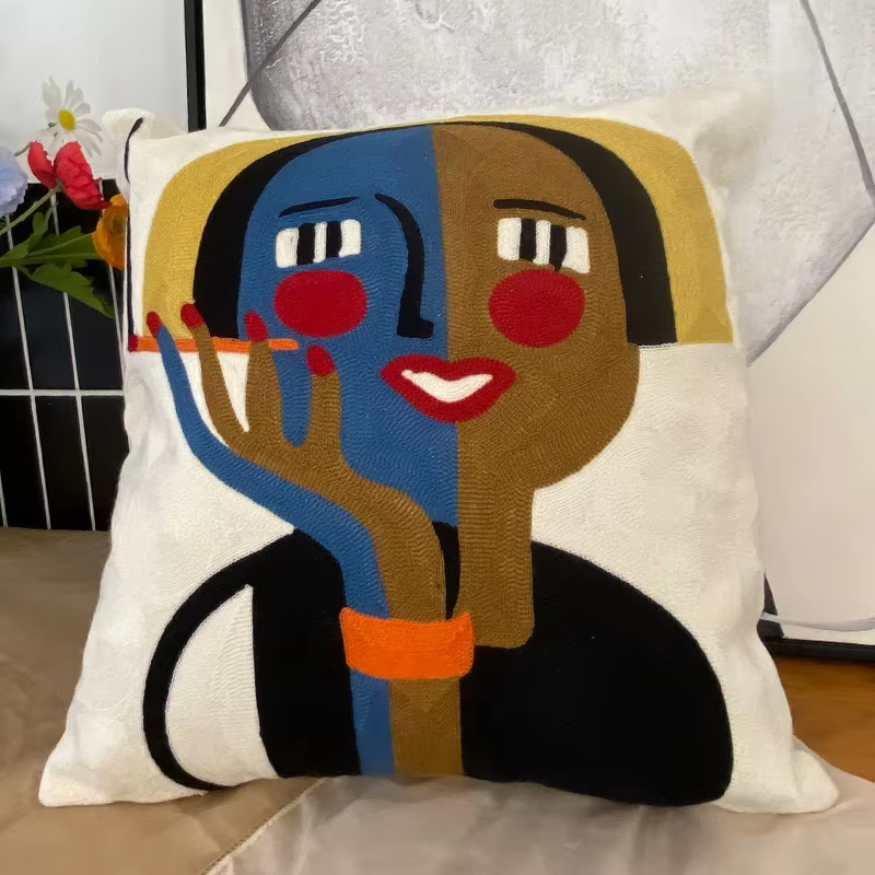Housse de coussin en coton avec taie d'oreiller abstraite brodée, taie d'oreiller décorative Picasso