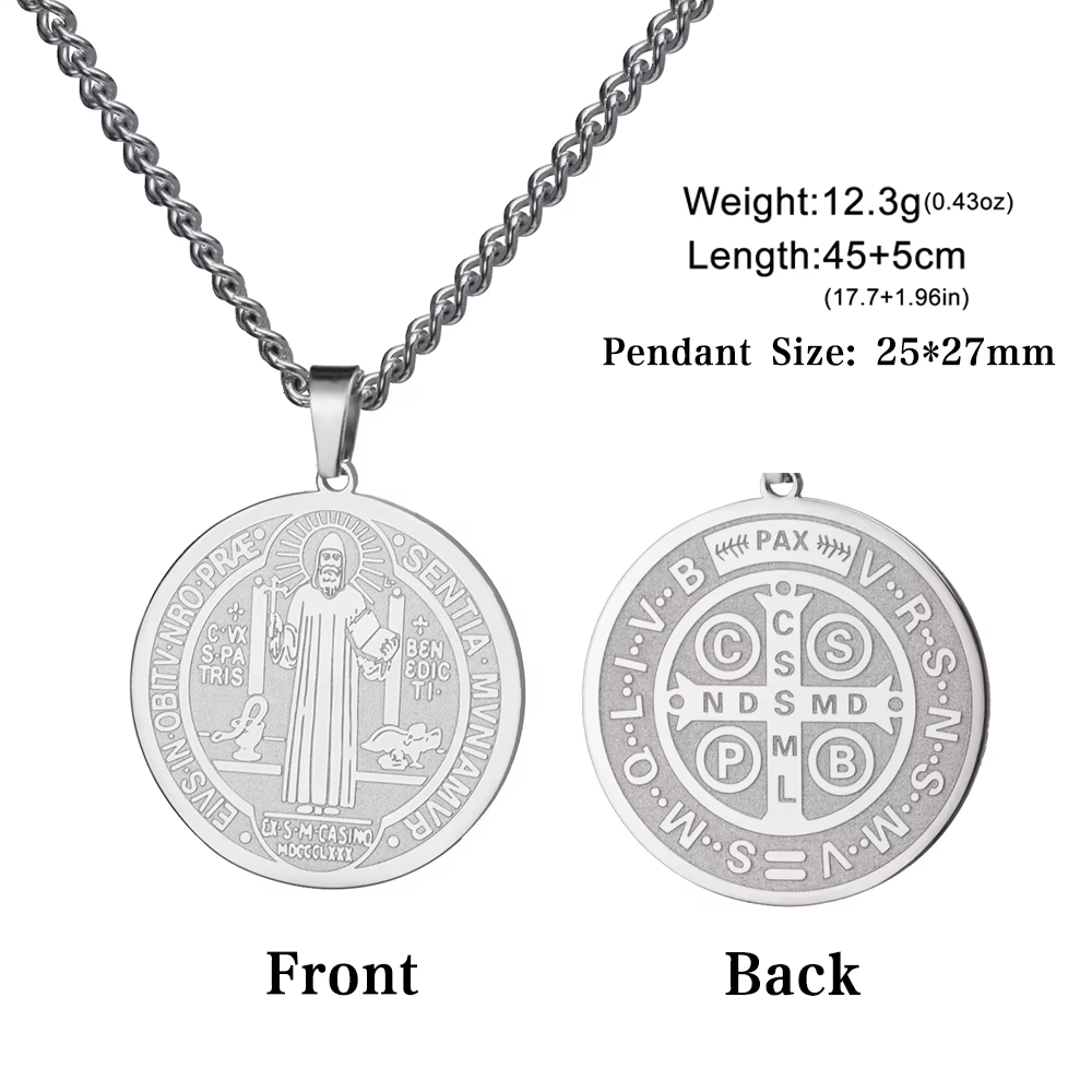 Colliers Médailles Saint Benoît en Acier Inoxydable Gravure Double Face Croix Exorcisme Prière Catho