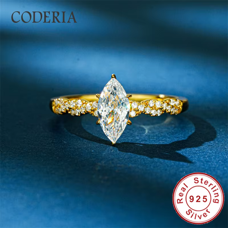 Bague en moissanite taille marquise 1 carat pour femme, plaquée or 14 carats, argent S925, bague de 