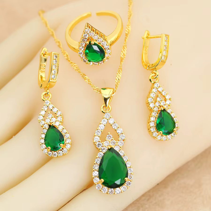Ensembles de bijoux plaqués or 18 carats pour femmes, goutte d'eau, boucles d'oreilles en cristal ve