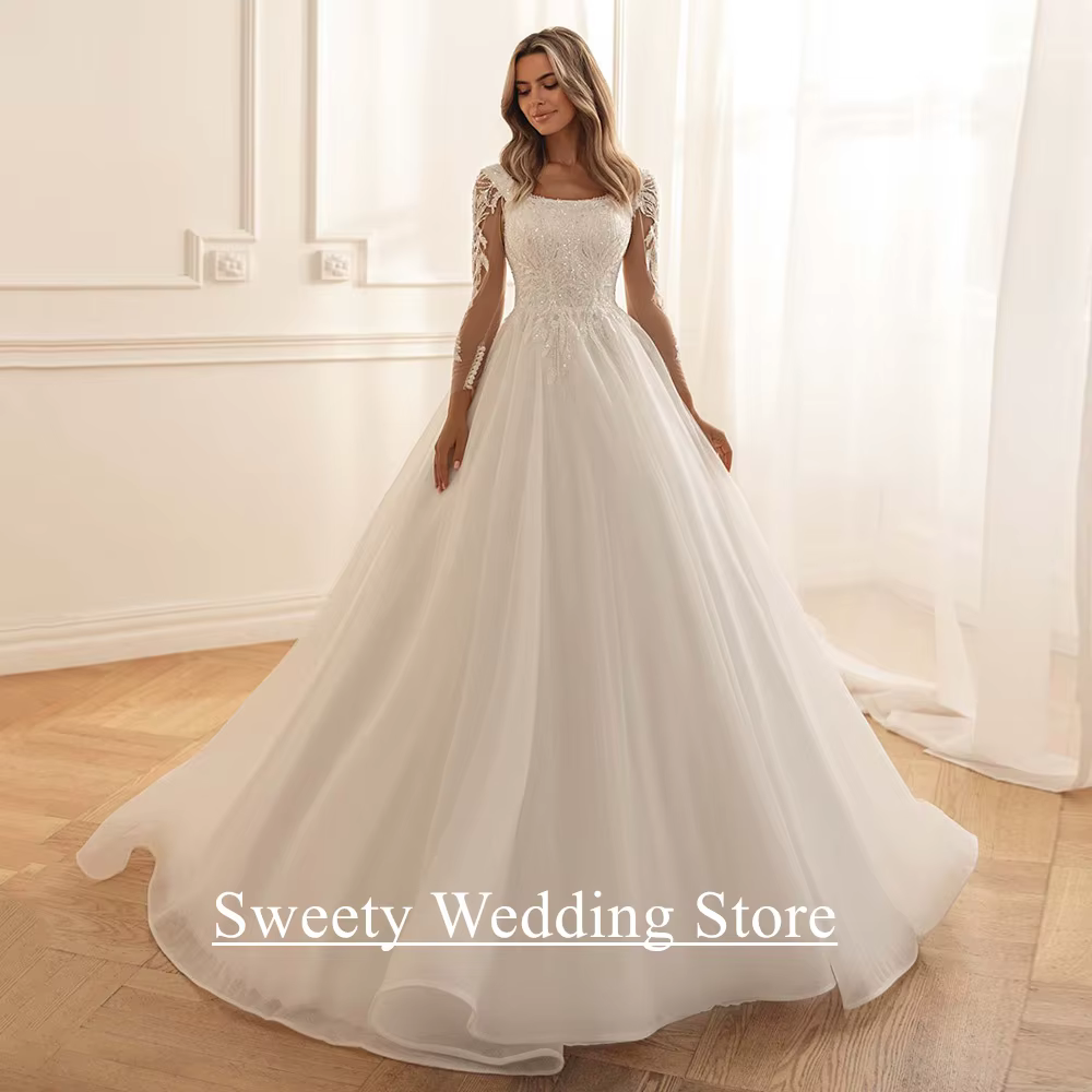 Robe De mariée scintillante pour mariée, personnalisée, manches longues, col rond, perles, paillette