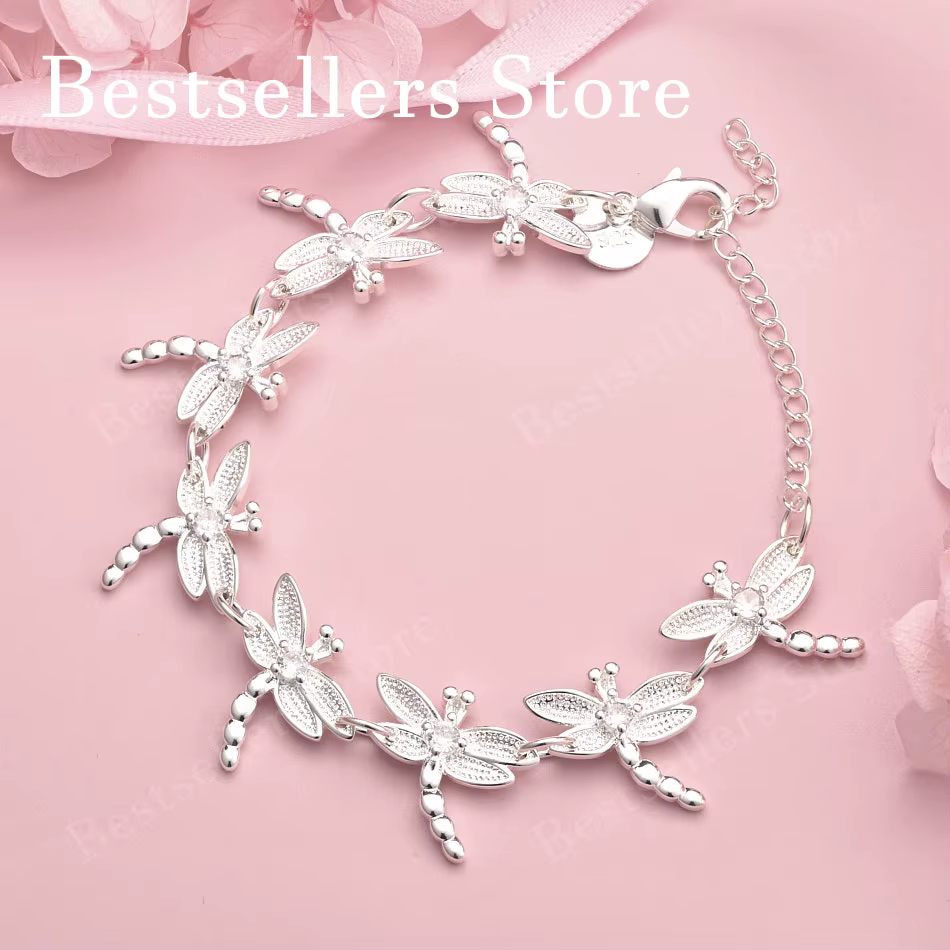 Bracelet en argent sterling 925 de 8 pouces avec zircon en forme de libellule, accessoires de mode p