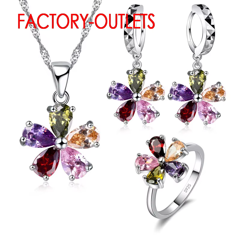 Ensemble de bijoux en argent regardé 925 avec pendentif, collier, boucles d'oreilles créoles, bague,