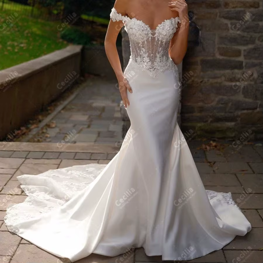 Robes De mariée Vintage robes De mariée en Satin dentelle Appliques hors De l'épaule Robes balayage 