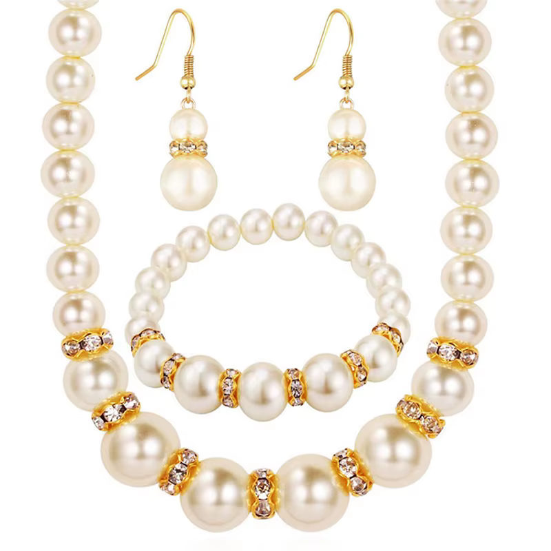 Ensemble élégant, collier de perles simulées, boucles d'oreilles, Bracelet, bijoux de mariée, cadeau