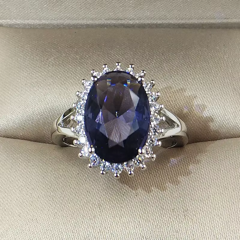 Princesse Kate bleu gemme créé cristal bleu 925 en argent Sterling mariage doigt cristal bague marqu