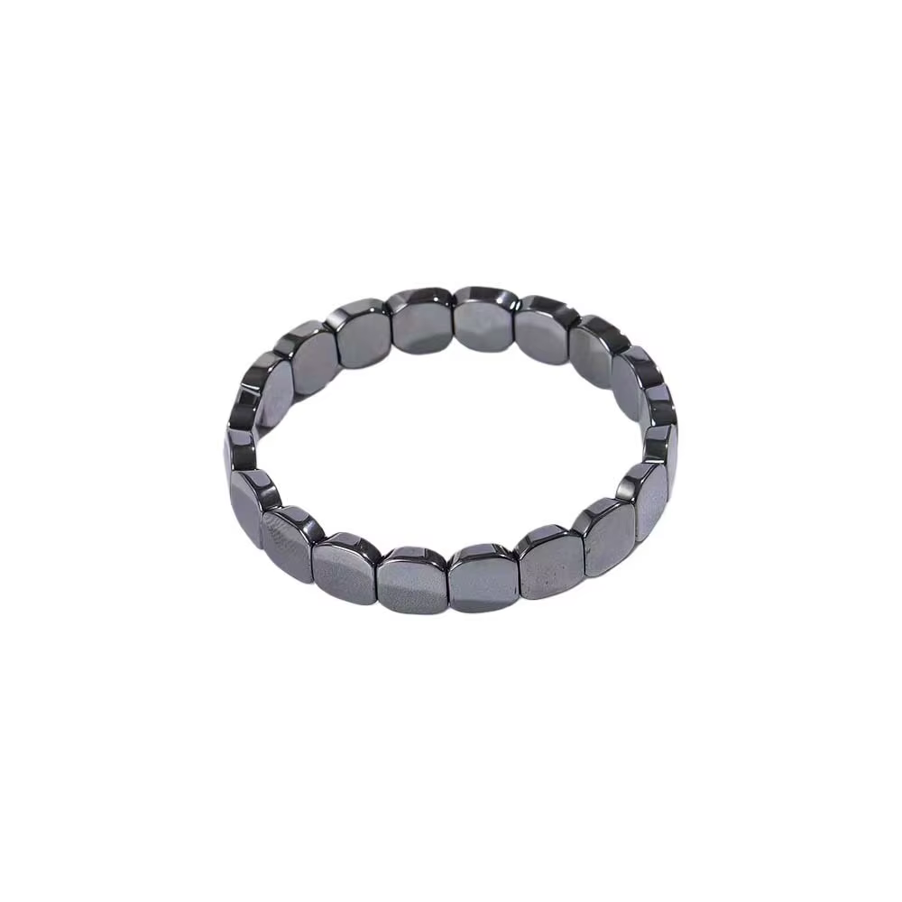 Bracelet vintage élastique noir en pierres naturelles, maillons modulaires, perles carrées, fait mai