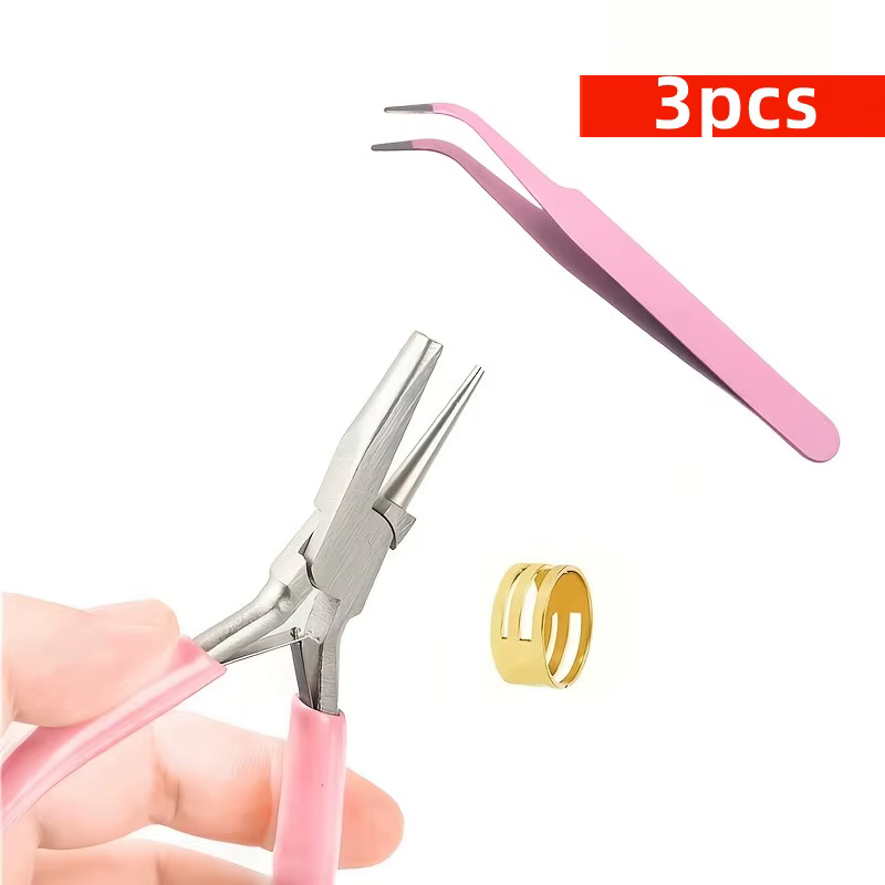 3 pinces à bijoux roses associées à des pinces à épiler roses et à une anneau auxiliaire peuvent êtr