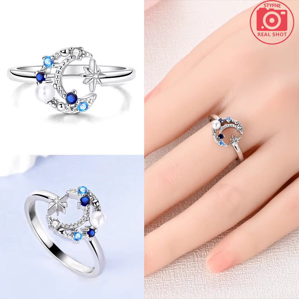 Bague en argent 925 Original, étoile bleue, lune, perle blanche, beau cadeau, accessoire de bijoux p