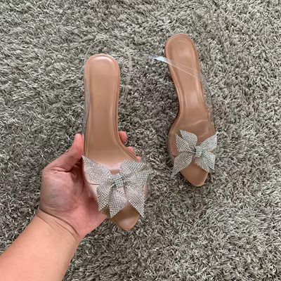 Sandales à talons hauts pour femmes, chaussures avec nœud en strass, escarpins pour femmes, pantoufl