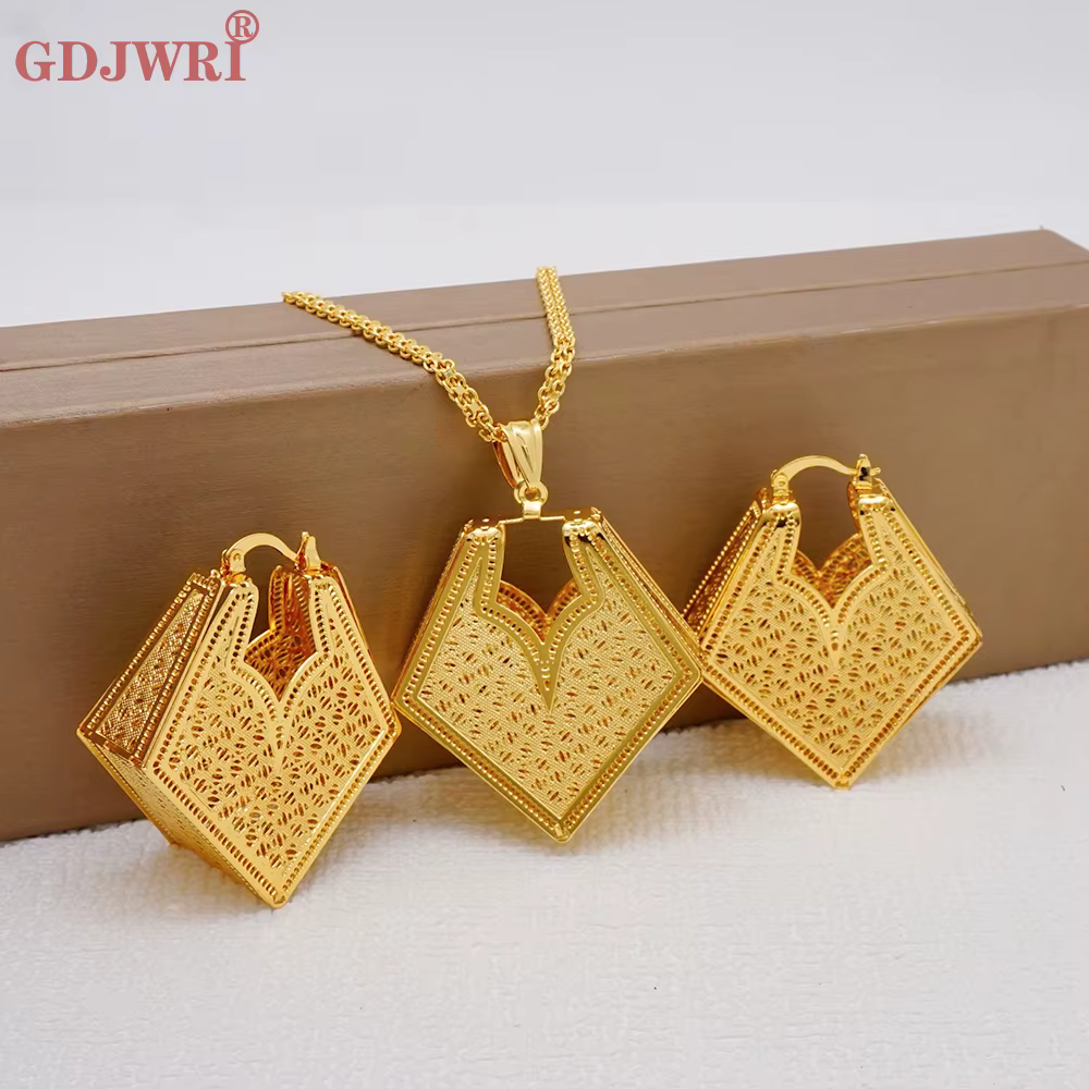 Ensemble collier et boucles d'oreilles géométriques en cuivre doré pour femmes, bijoux de Dubaï, cad