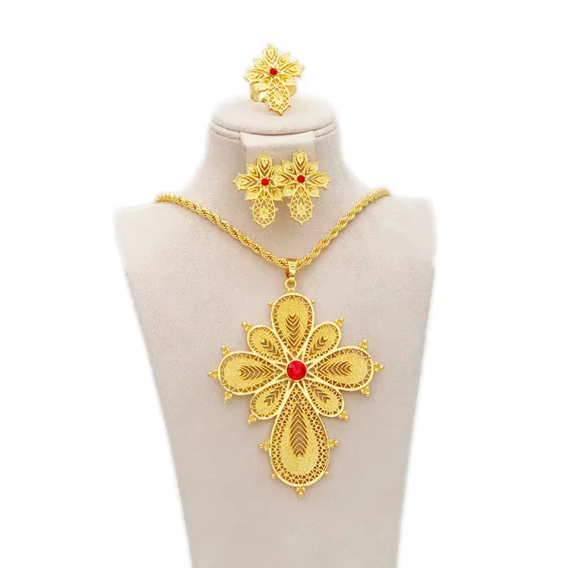 Parure de bijoux en or éthiopien pour filles, collier et boucles d'oreilles pour fête africaine, acc