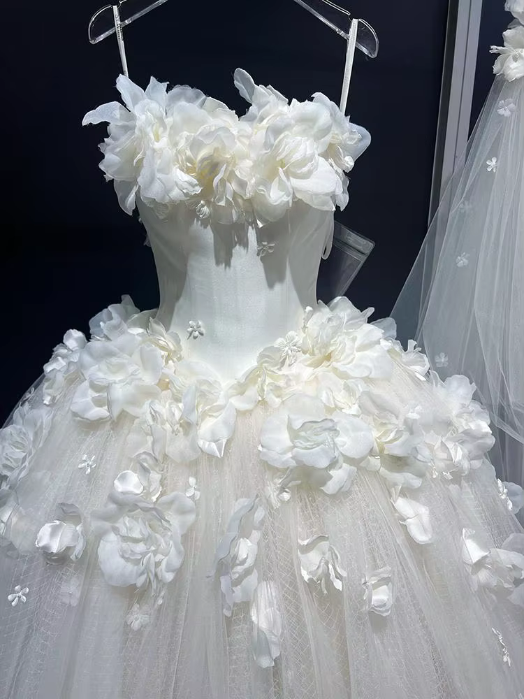 Robe de mariée française sans bretelles, douce, tridimensionnelle, fleur à bulles, haut de gamme, lé