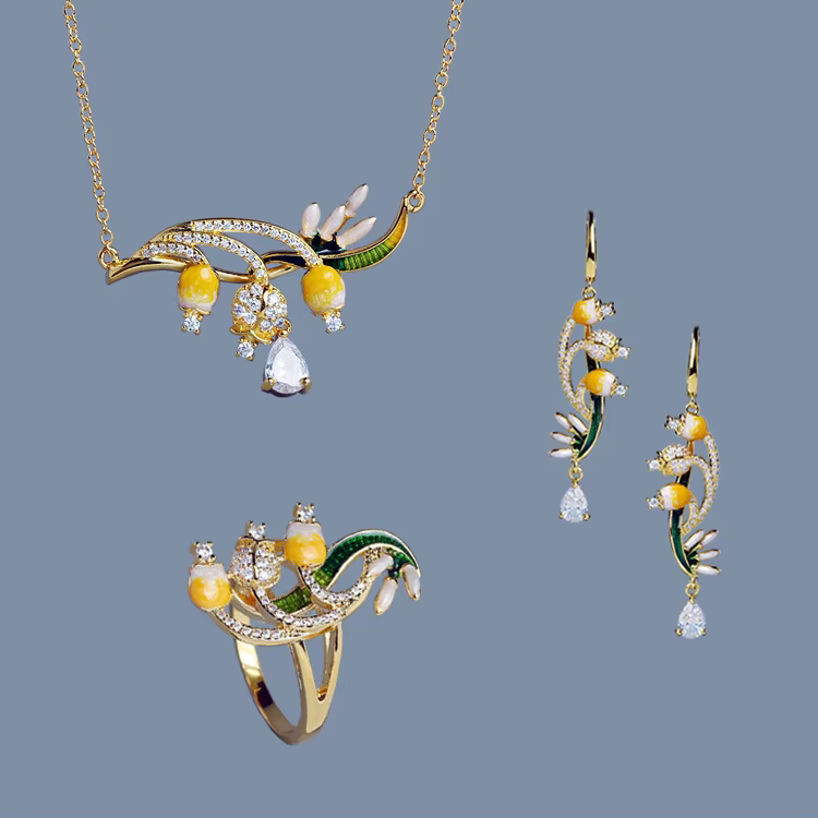 Ensemble de bijoux en émail faits à la main pour femmes, bague, collier, boucles d'oreilles, fleurs 
