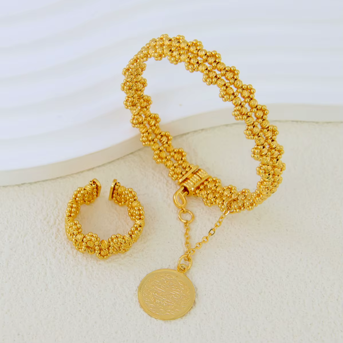 Nigeria bijoux de mariage Bracelet bagues ensemble 21k plaqué or Dubai perles bracelets réglables ba